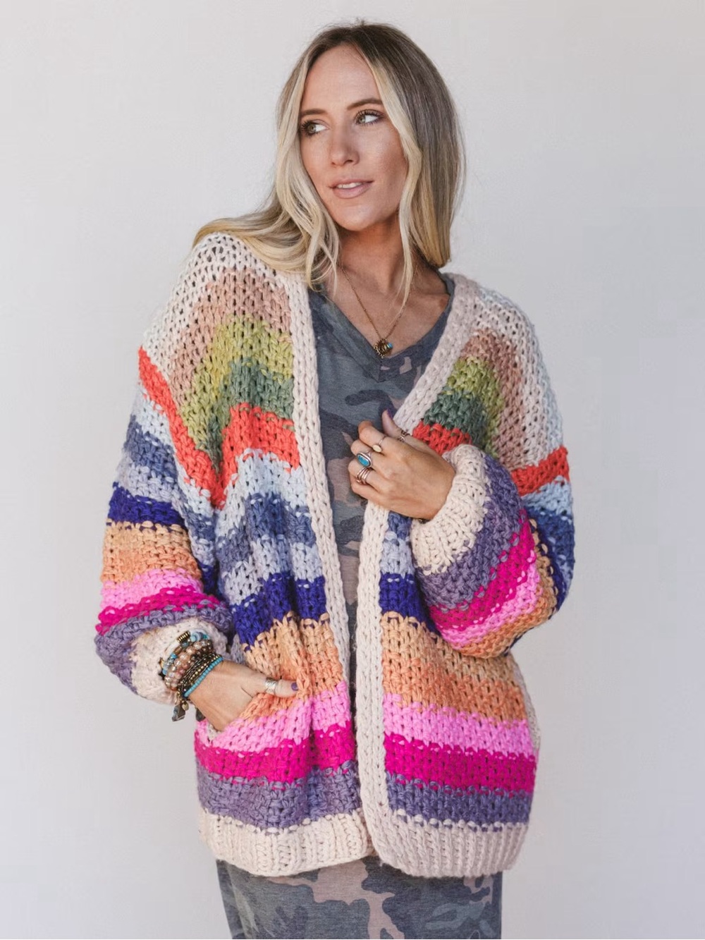 Three Bird Nest wrapped up in color ivory colorful stripe chunky cardigan L